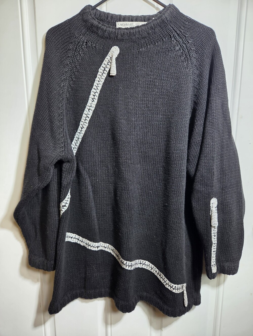 RARE Michael Simon Black Knit Oversized Sweater Metallic Zipper Appliqué OSFA